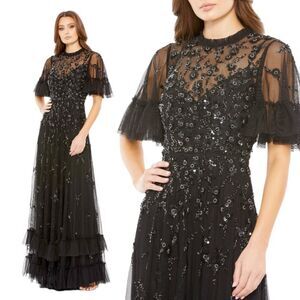 Mac Duggal 9199 Womens Size 2 Black‎ Floral Ruffle Embellished Gown Maxi Dress